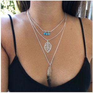 3/$30 Silver 3 Layered Necklace Leaf Feather Boho